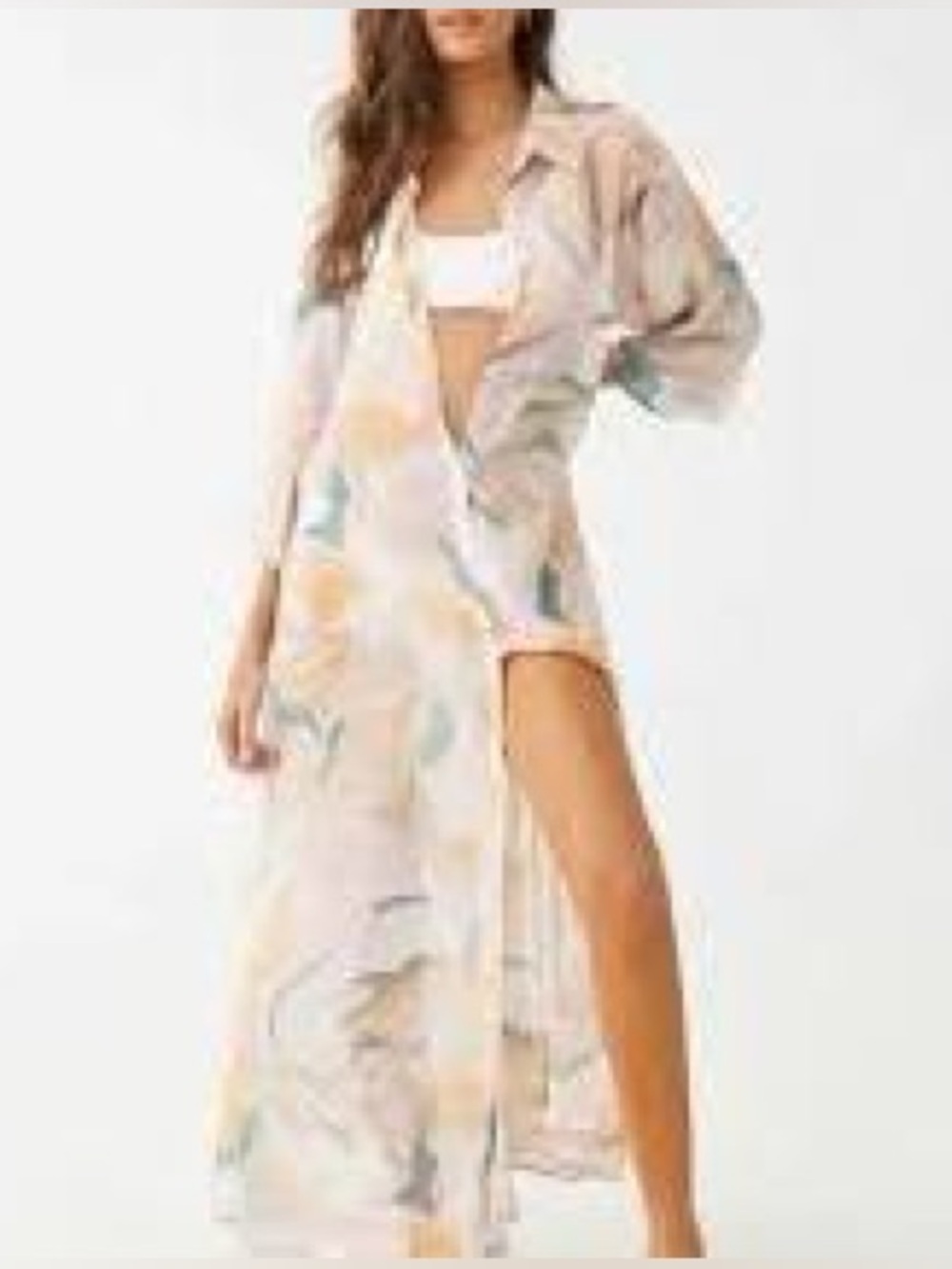 Pastel Marble Maxi Dress Coverup Swim Swimsuit Cover Up Button Down Sheer Pink M